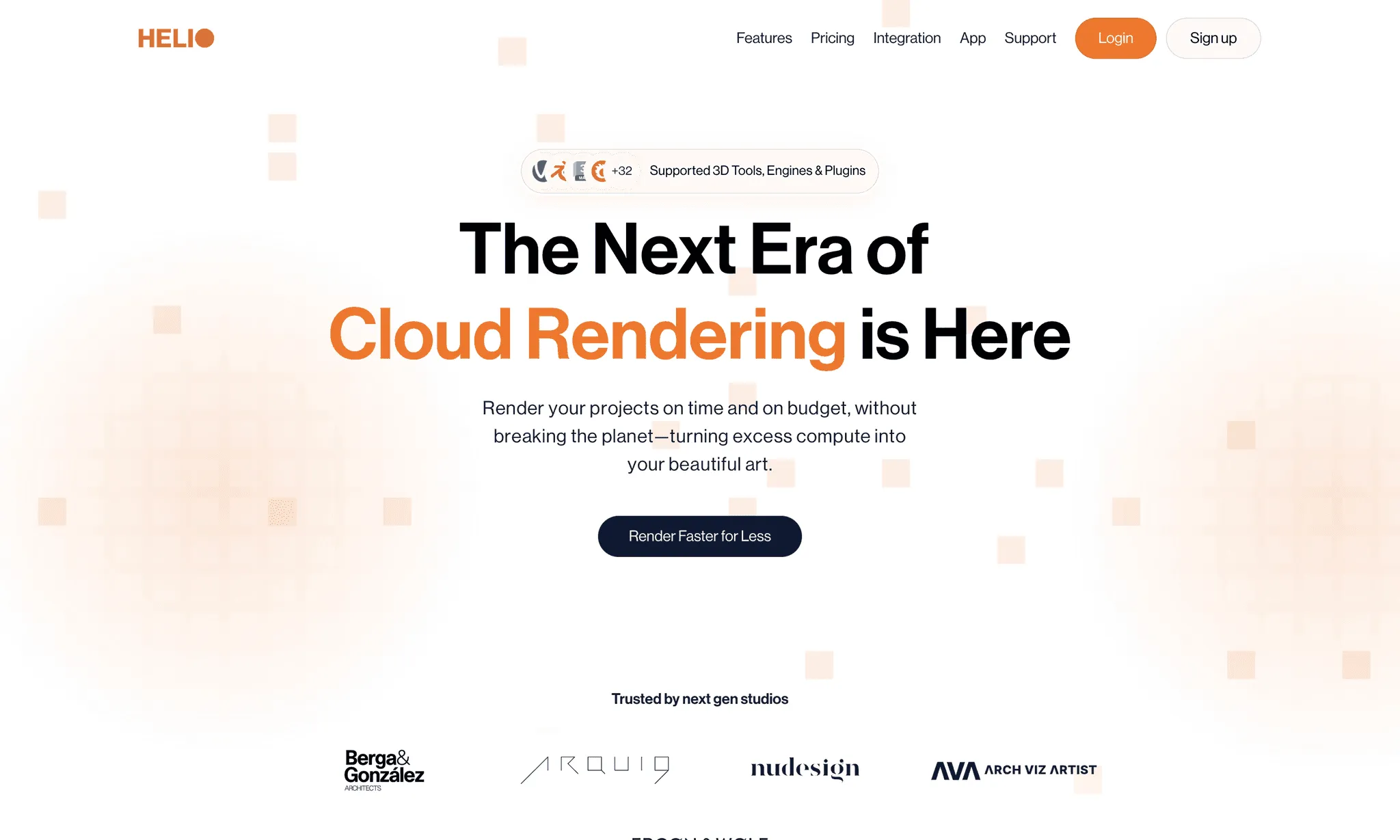 The Helio Render home page, thirty-two supported 3D tools listed above the headline.